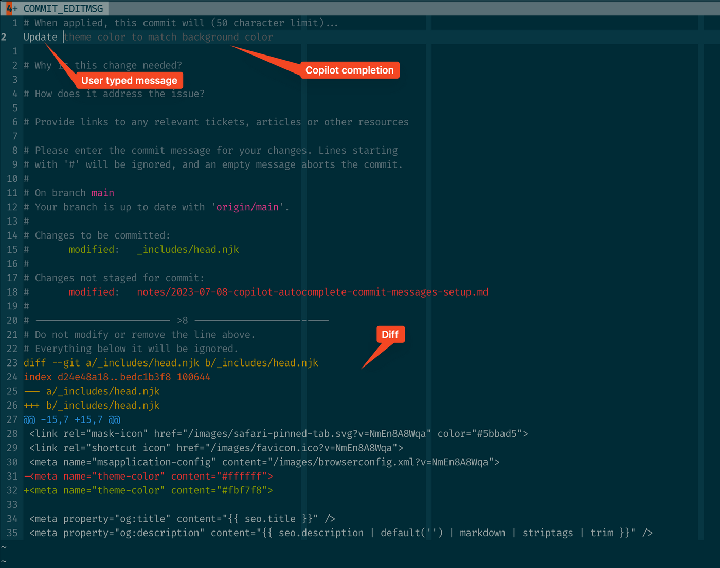 Screenshot of editing a commit message that includes a change to the theme color of my website. Copilot completes the commit message with 'Update theme color to match background'.